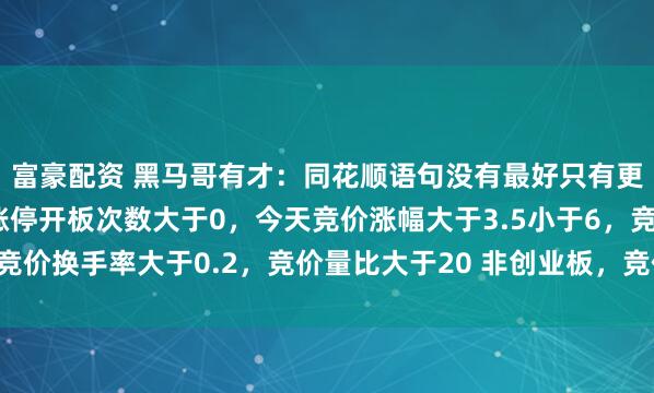 富豪配资 黑马哥有才：同花顺语句没有最好只有更好：昨天首板涨停，涨停开板次数大于0，今天竞价涨幅大于3.5小于6，竞价换手率大于0.2，竞价量比大于20 非创业板，竞价委比排序前2，非st
